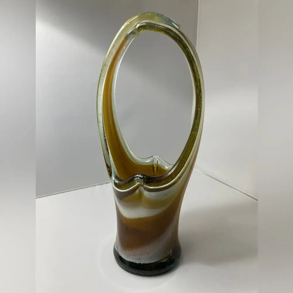 Hand Blown Stretch Art Glass Basket Vase MCM Amber Brown 11" - Picture 1 of 11